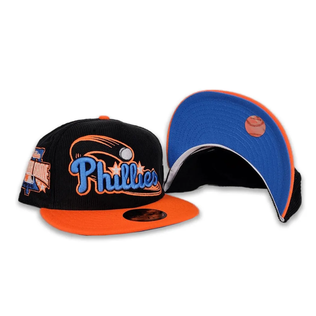 Black Corduroy Glow In the Dark Philadelphia Phillies Orange Visor Sea Blue Bottom 1996 All Star Game Side Patch New Era 59Fifty Fitted