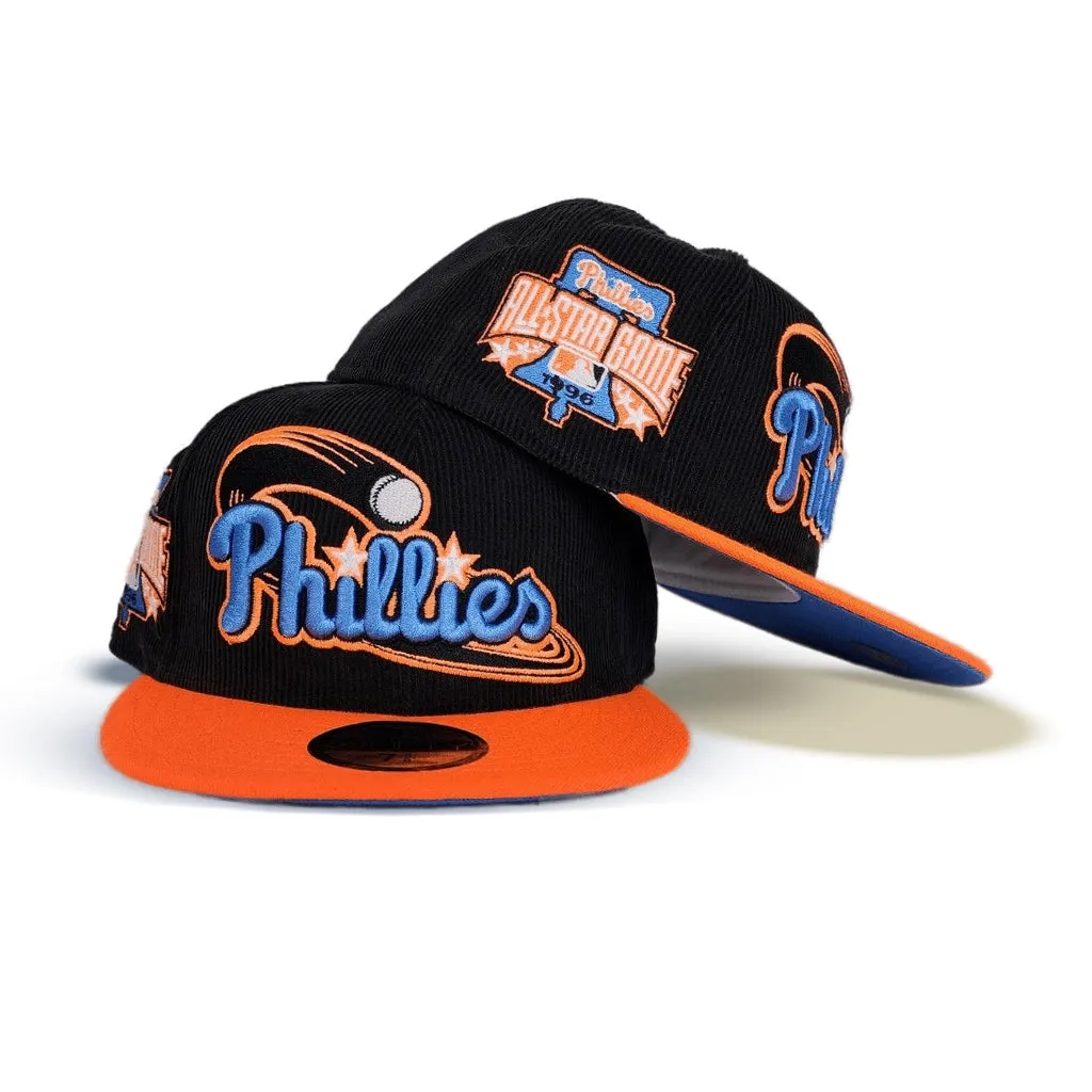 Black Corduroy Glow In the Dark Philadelphia Phillies Orange Visor Sea Blue Bottom 1996 All Star Game Side Patch New Era 59Fifty Fitted