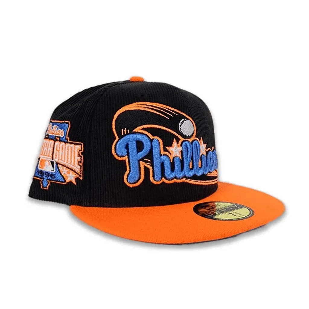 Black Corduroy Glow In the Dark Philadelphia Phillies Orange Visor Sea Blue Bottom 1996 All Star Game Side Patch New Era 59Fifty Fitted