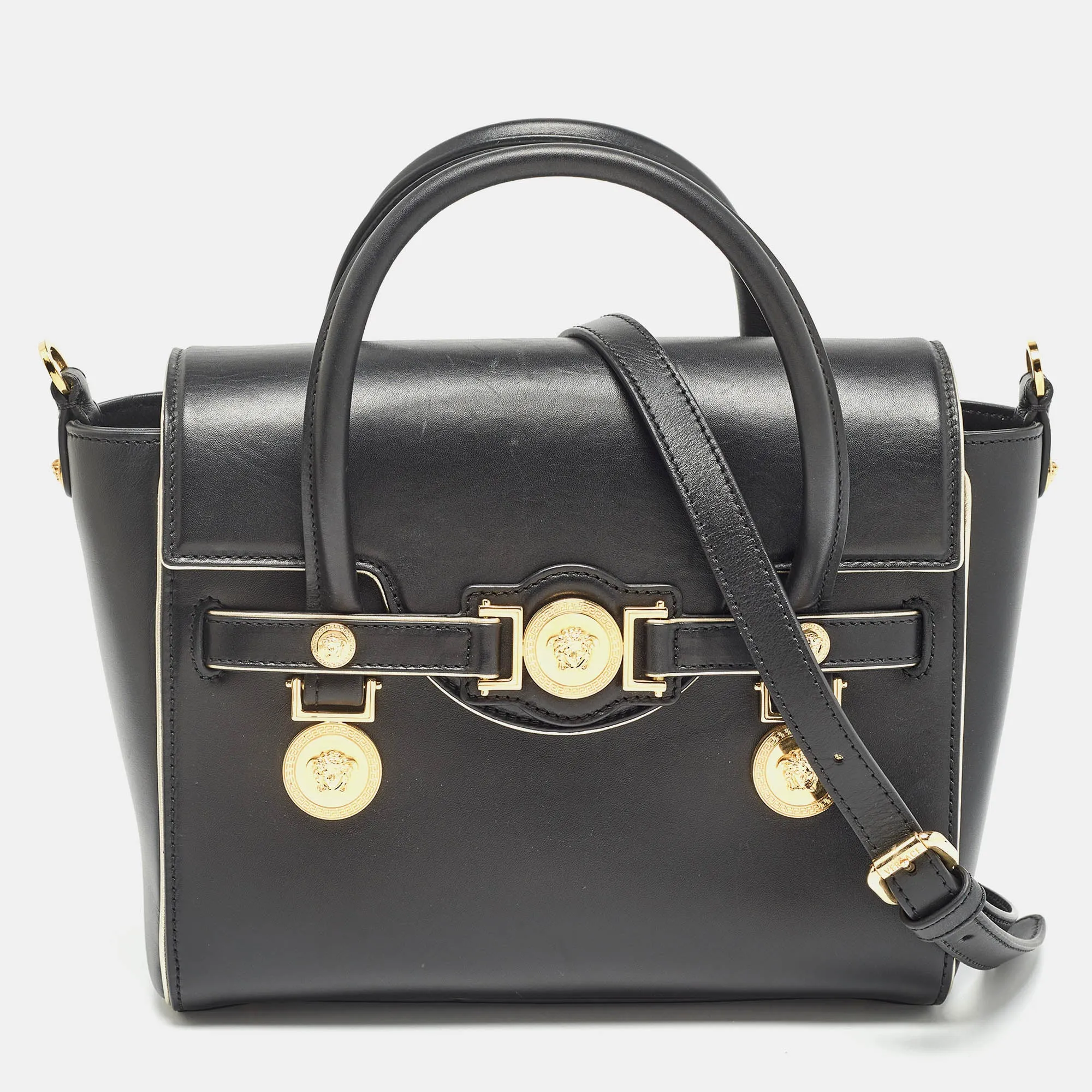 Black Leather Medium Medusa Medallion Tote
