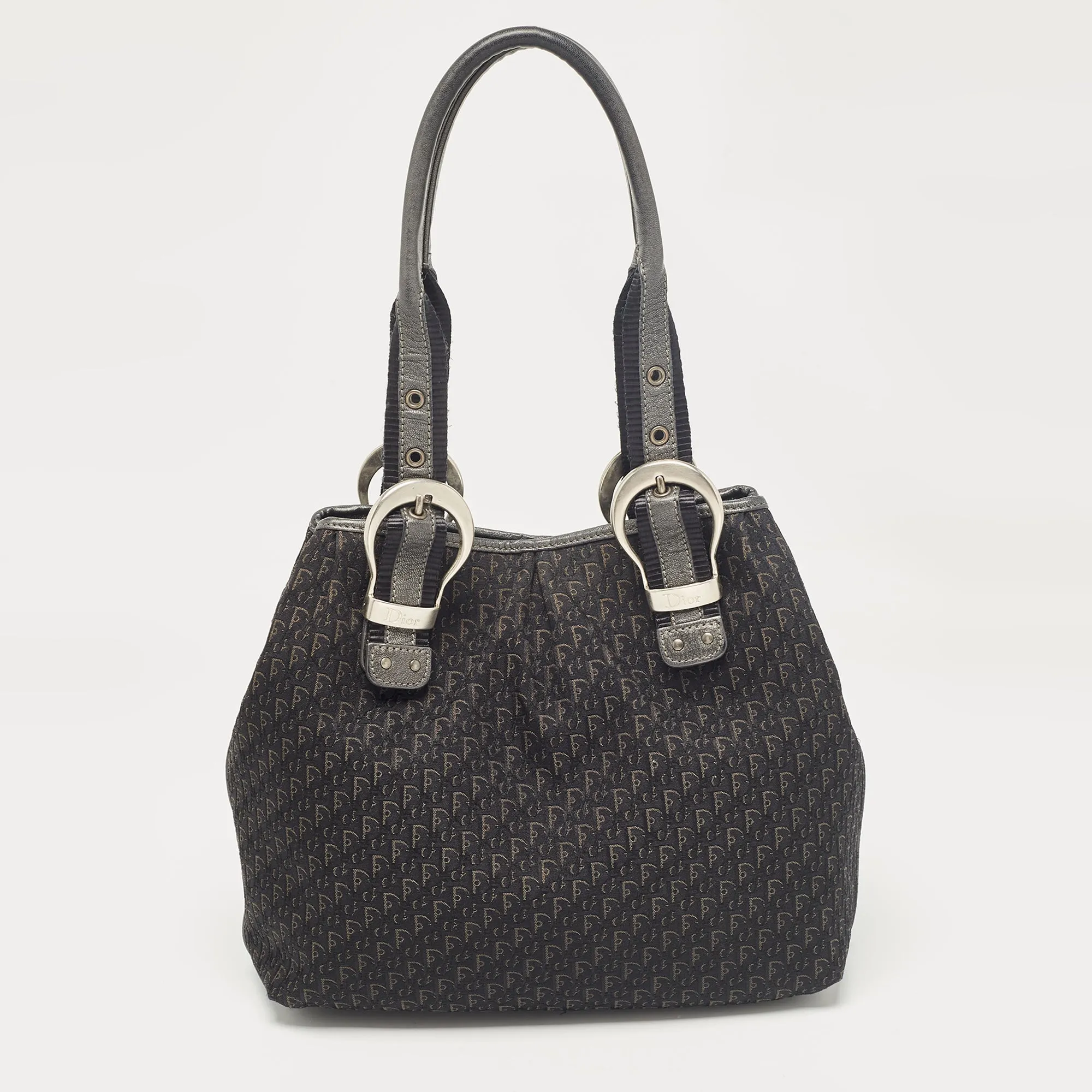 Black Oblique Canvas and Leather Buckle Tote