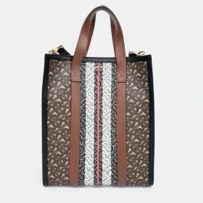 Black/Brown TB Monogram Coated Canvas, Leather Stripe Portrait Tote