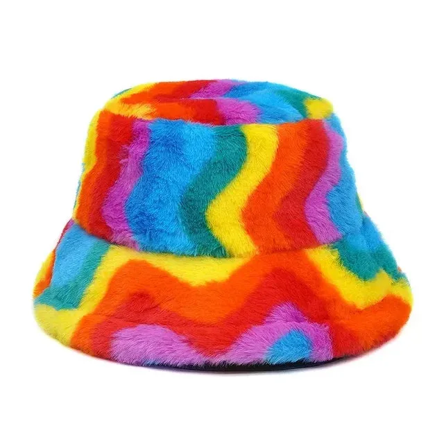 Bold Striped Faux Fur Bucket Hat - Fushia
