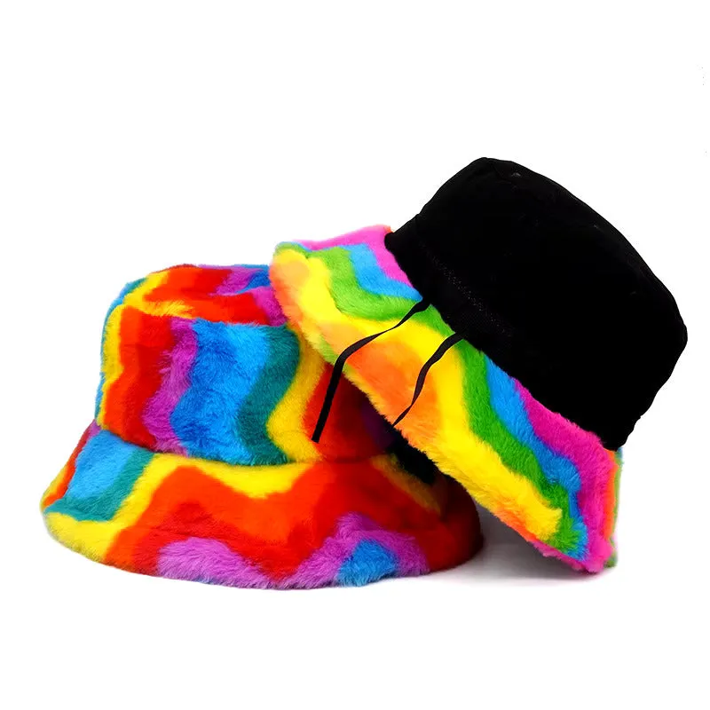 Bold Striped Faux Fur Bucket Hat - Fushia