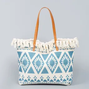 Buddha Stones Large Capacity Boho Geometry Print Tassel Canvas Tote Shoulder Bag