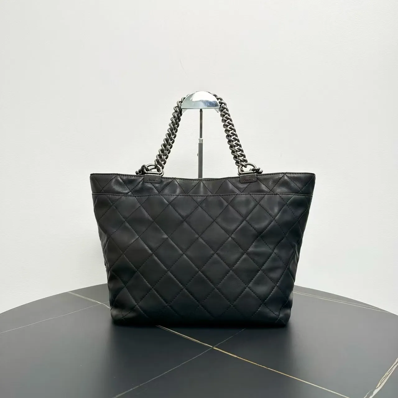 Chanel Quilted Tote Bag Black Leather Large