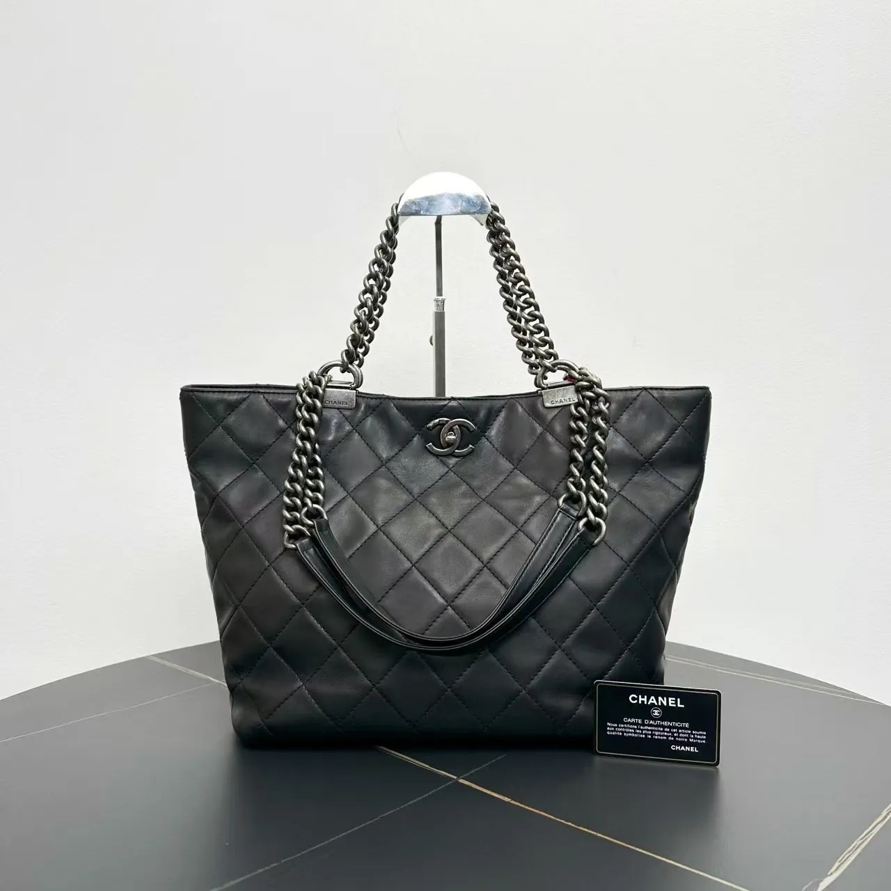 Chanel Quilted Tote Bag Black Leather Large