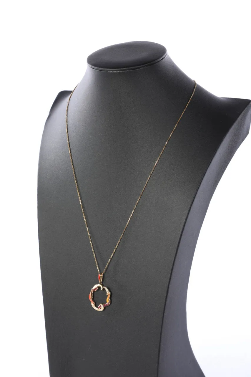 COMES WITH BOX - Kabana 14k Gold Orange, Purple, Mother of Pearl, & Diamond Circle Pendant with Unbranded Chain