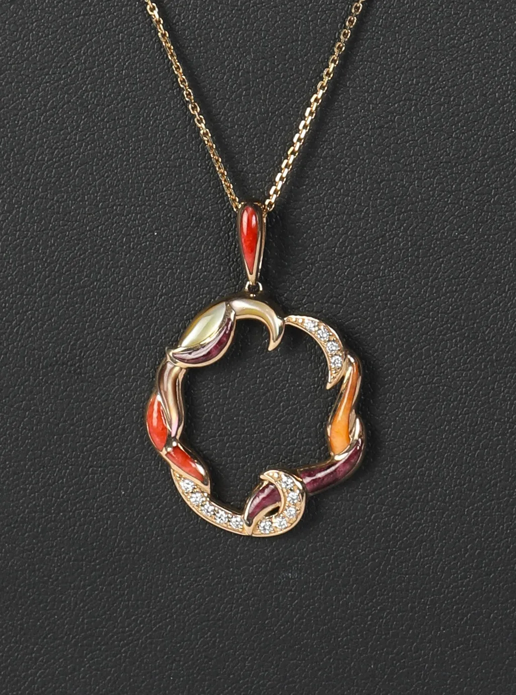 COMES WITH BOX - Kabana 14k Gold Orange, Purple, Mother of Pearl, & Diamond Circle Pendant with Unbranded Chain