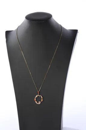 COMES WITH BOX - Kabana 14k Gold Orange, Purple, Mother of Pearl, & Diamond Circle Pendant with Unbranded Chain