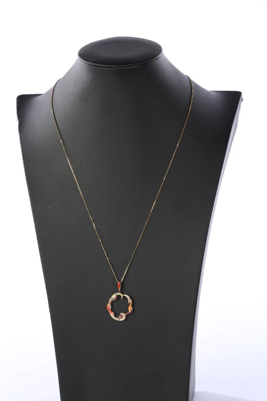 COMES WITH BOX - Kabana 14k Gold Orange, Purple, Mother of Pearl, & Diamond Circle Pendant with Unbranded Chain