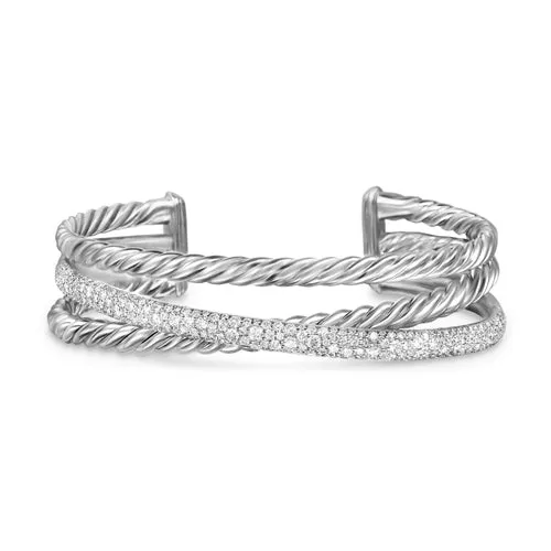 Crossover Three Row Cuff Bracelet in Sterling Silver with Diamonds, 20mm, Size Small