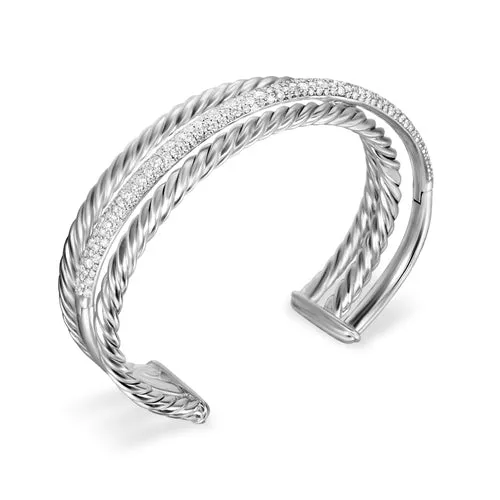Crossover Three Row Cuff Bracelet in Sterling Silver with Diamonds, 20mm, Size Small