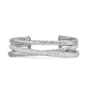 Crossover Three Row Cuff Bracelet in Sterling Silver with Diamonds, 20mm, Size Small