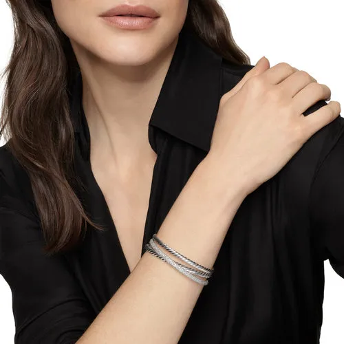Crossover Three Row Cuff Bracelet in Sterling Silver with Diamonds, 20mm, Size Small