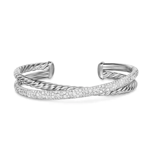 Crossover Two Row Cuff Bracelet in Sterling Silver with Diamonds, 11mm, Size Large