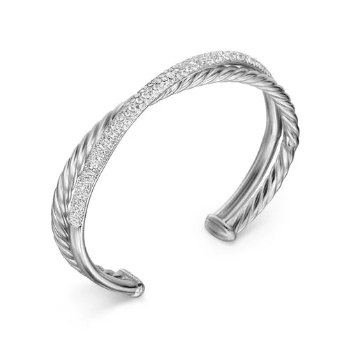 Crossover Two Row Cuff Bracelet in Sterling Silver with Diamonds, 11mm, Size Large
