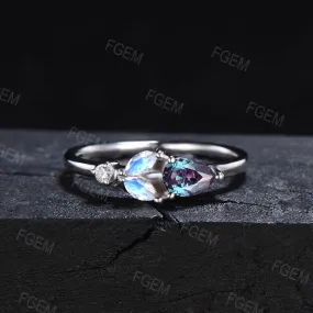 Dainty Alexandrite Moonstone Ring Rose Gold June Birthstone Ring Women Color-Change Alexandrite Engagement Rings Birthday Anniversary Gifts