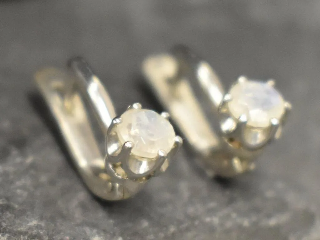 Dainty Moonstone Earrings - Natural Rainbow Moonstone - Long Moonstone Studs