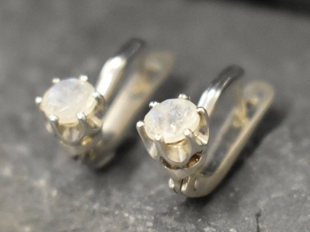 Dainty Moonstone Earrings - Natural Rainbow Moonstone - Long Moonstone Studs