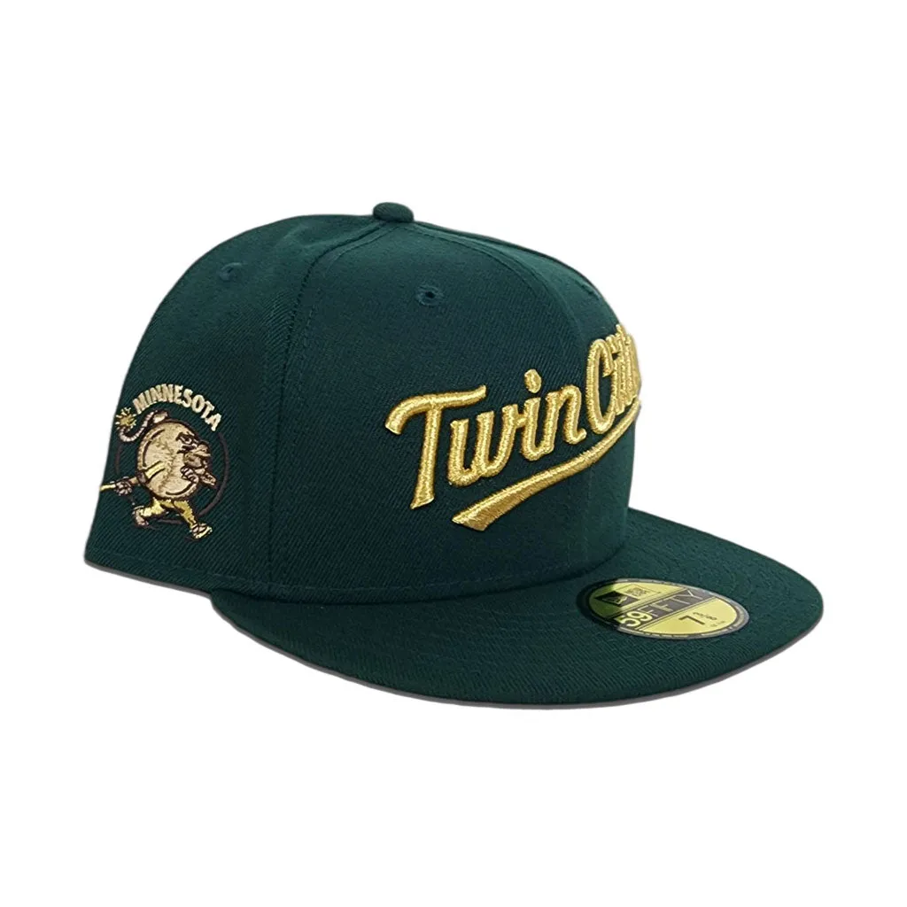 Dark Green Script Minnesota Twins Gray Bottom Minnesota Mascot Side Patch New Era 59Fifty Fitted
