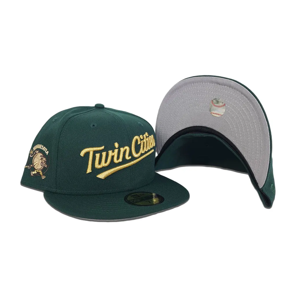 Dark Green Script Minnesota Twins Gray Bottom Minnesota Mascot Side Patch New Era 59Fifty Fitted