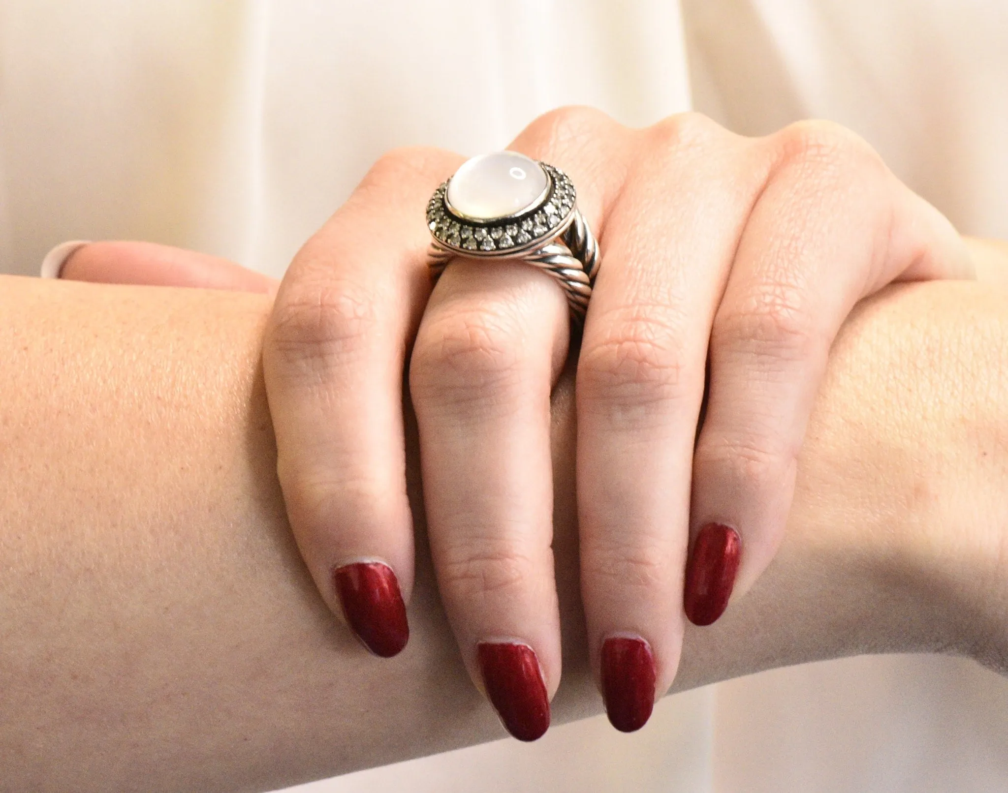 David Yurman Moonstone Mother Of Pearl .65 CTW Diamond Cable Twist Sterling Silver Ring