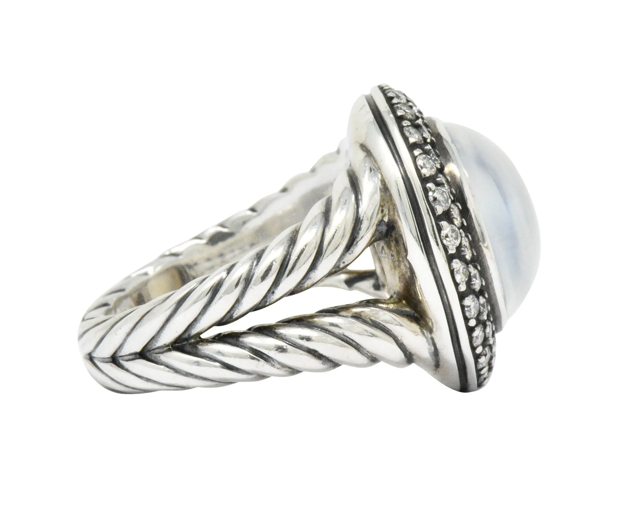 David Yurman Moonstone Mother Of Pearl .65 CTW Diamond Cable Twist Sterling Silver Ring