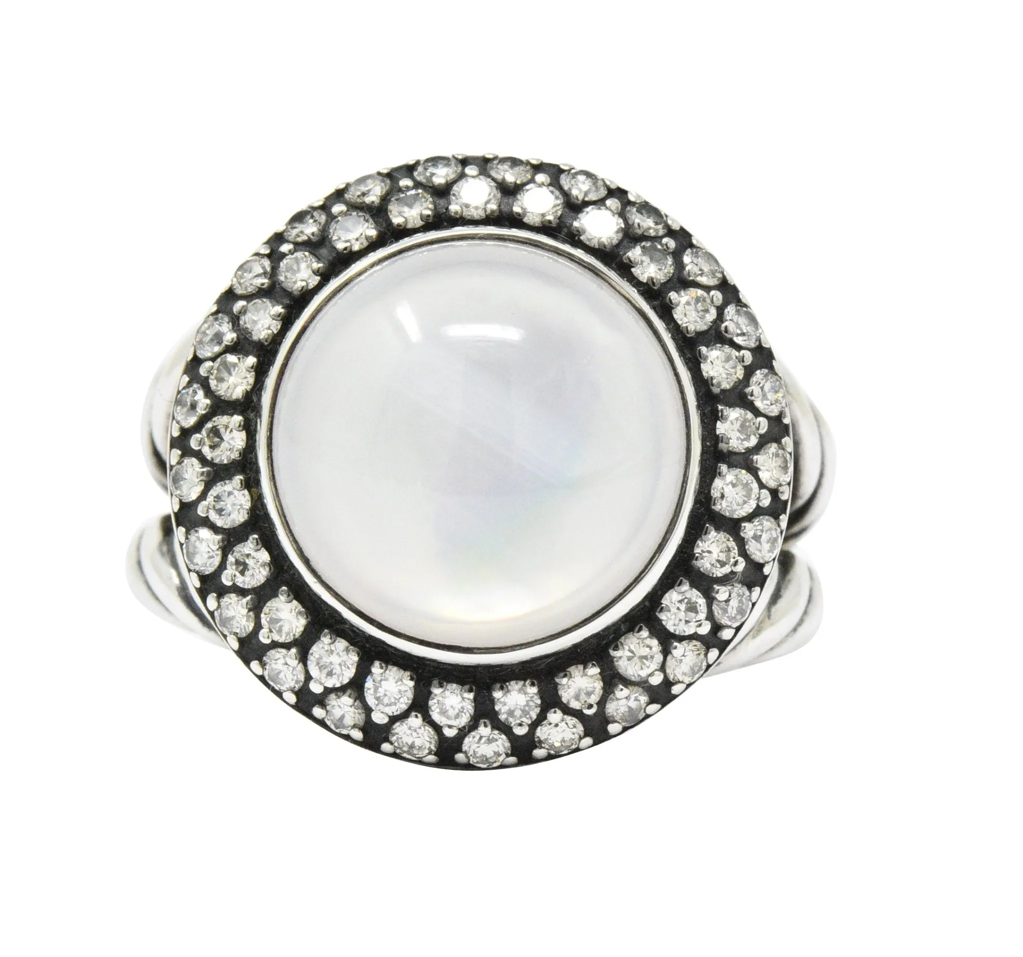 David Yurman Moonstone Mother Of Pearl .65 CTW Diamond Cable Twist Sterling Silver Ring
