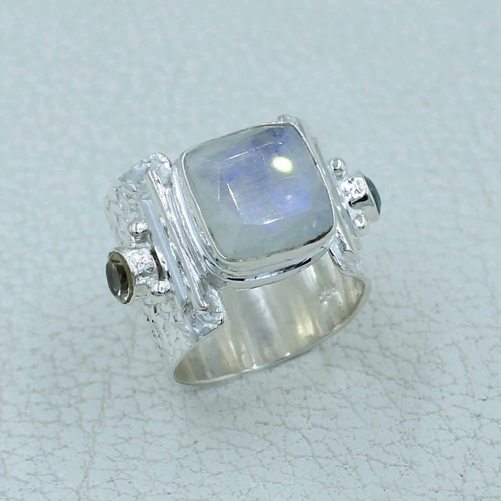 Designer Texture Silver 925 Sterling Moonstone Ring