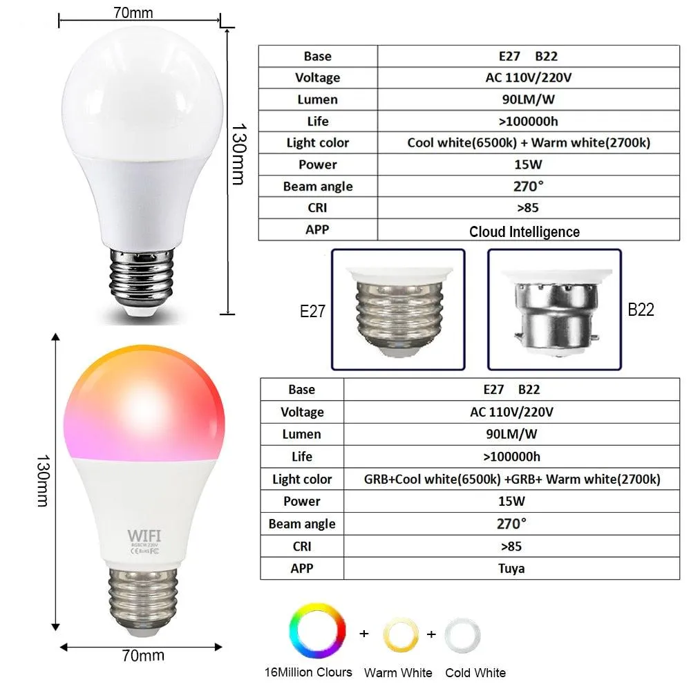 Dimmable 15W WiFi Smart Light Bulb B22 E27 LED RGB Lamp Work with Alexa/Google Home RGB White Dimmable Timer Function Magic Bulb