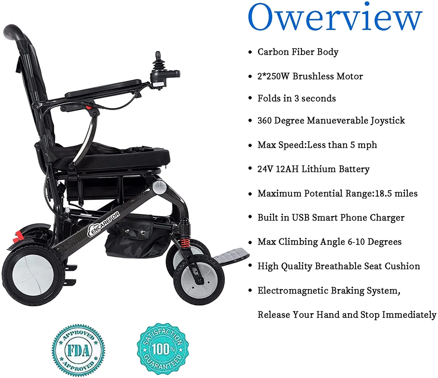 Electric Wheelchair Lightweight Foldable Power Portable Wheelchair Black
