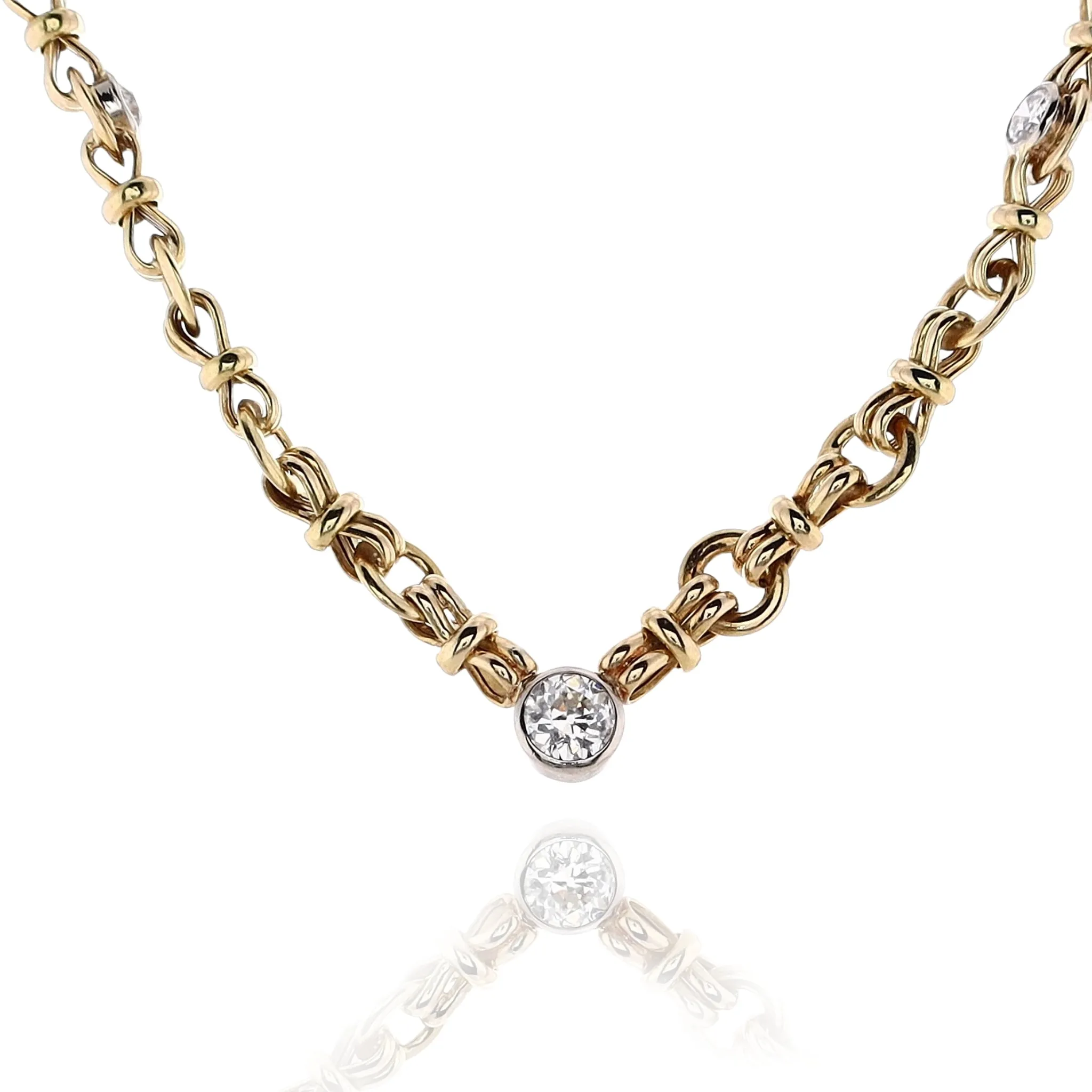 Estate 18 Karat Two Tone White and Yellow Gold Bezel Set Diamond Necklace