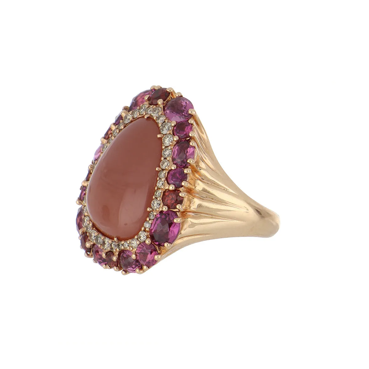 Estate Rodney Rayner 18K Gold Moonstone Ring with Garnets and Diamonds