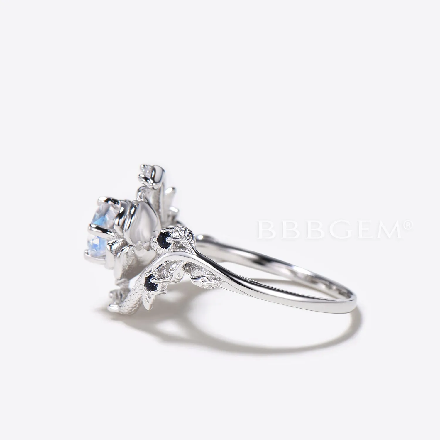 Floral Natural Moonstone Engagement Ring Double Snake Diamond Ring