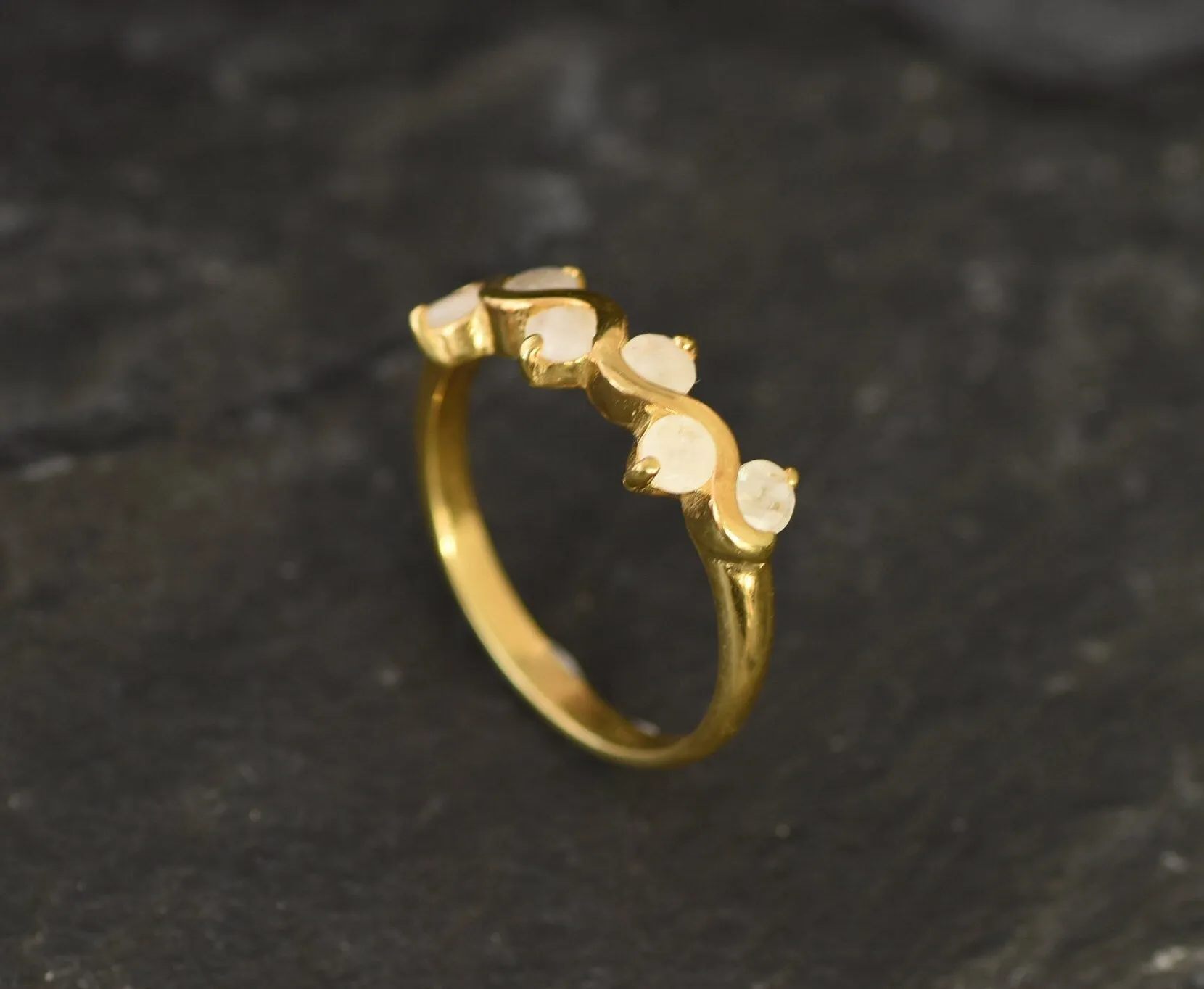 Gold Moonstone Ring - Half Eternity Gold Band - Zigzag Band