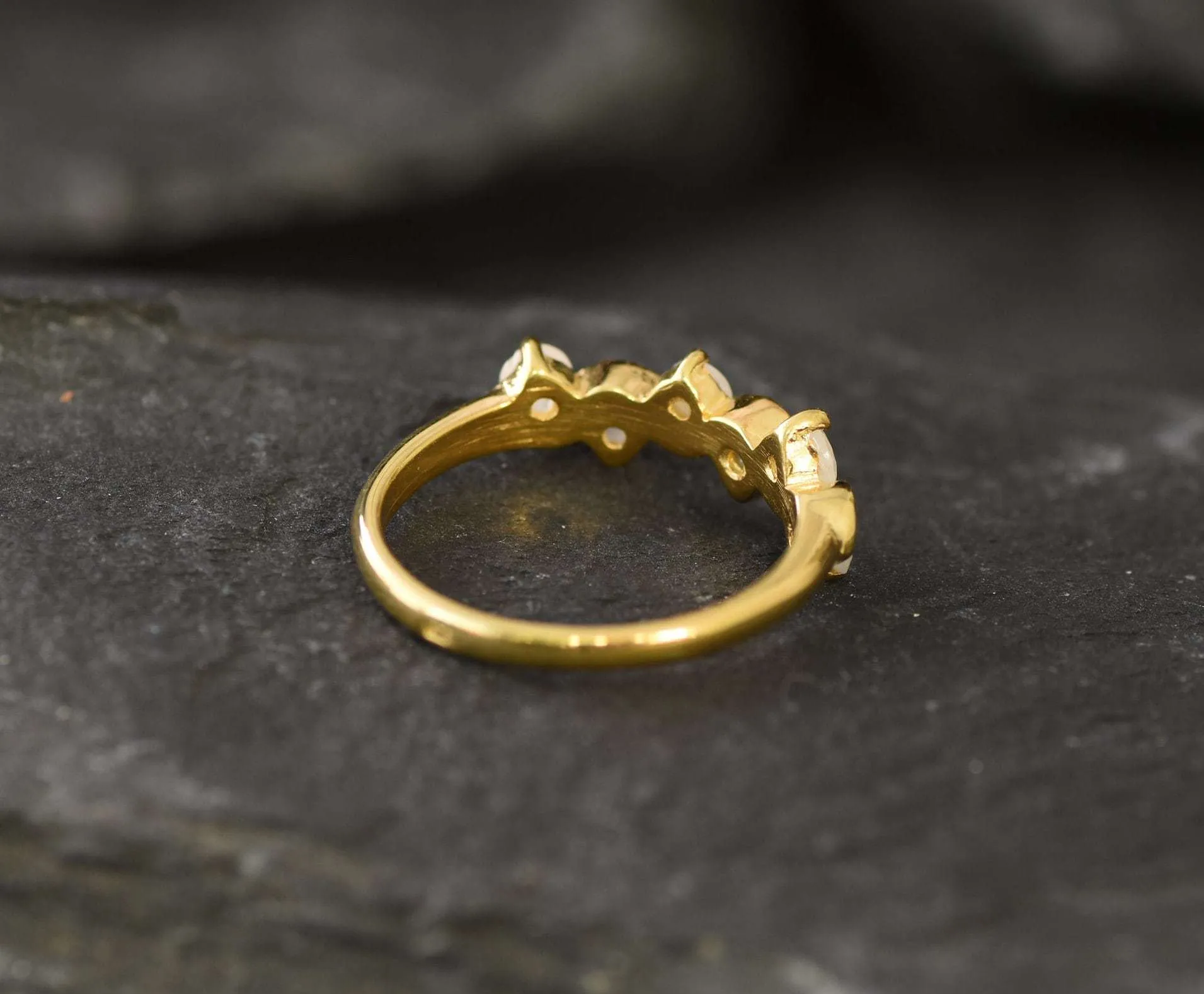 Gold Moonstone Ring - Half Eternity Gold Band - Zigzag Band