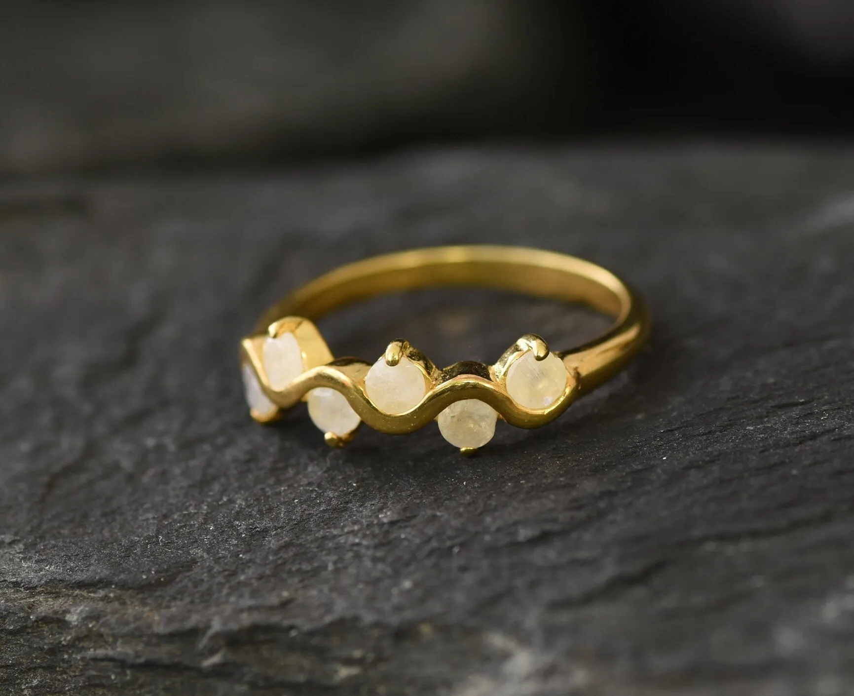 Gold Moonstone Ring - Half Eternity Gold Band - Zigzag Band