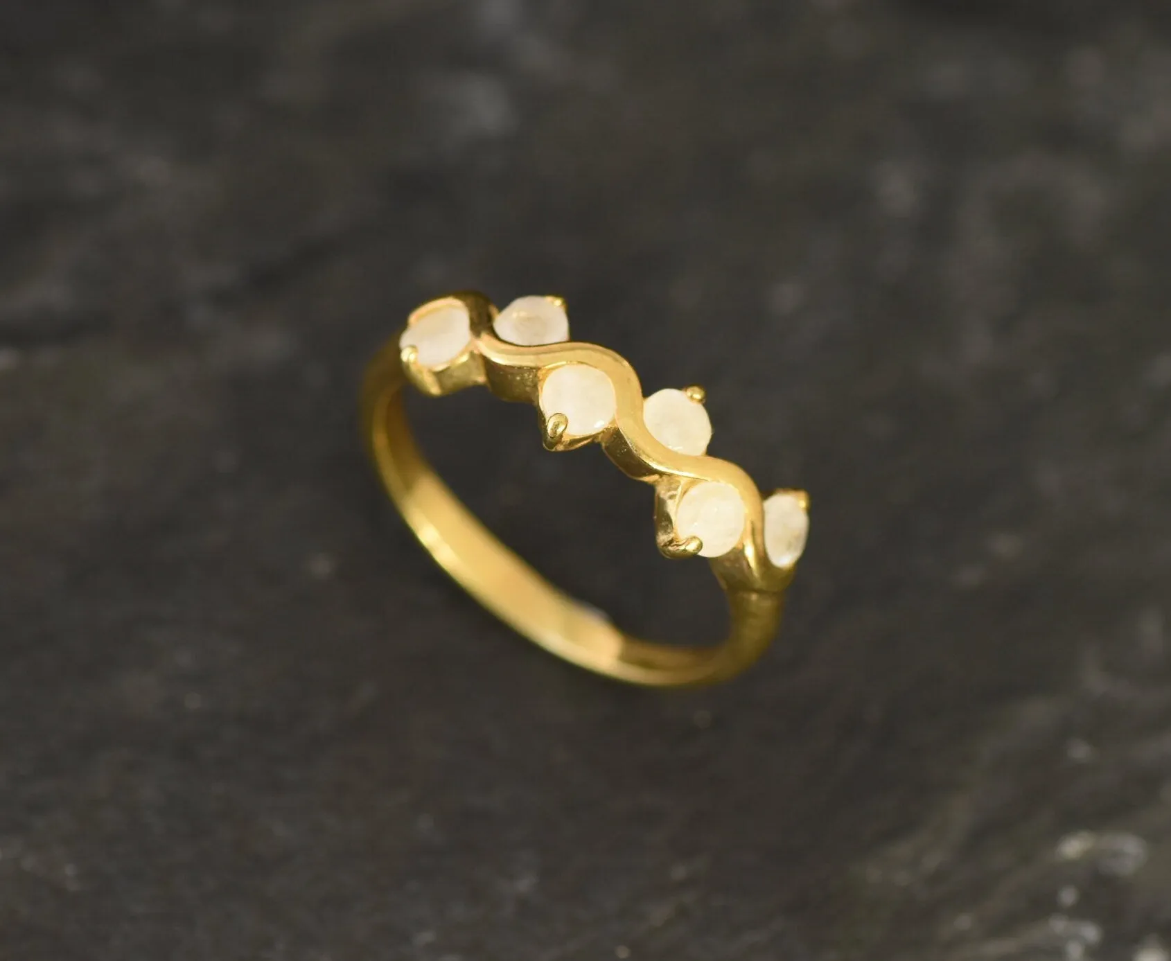Gold Moonstone Ring - Half Eternity Gold Band - Zigzag Band