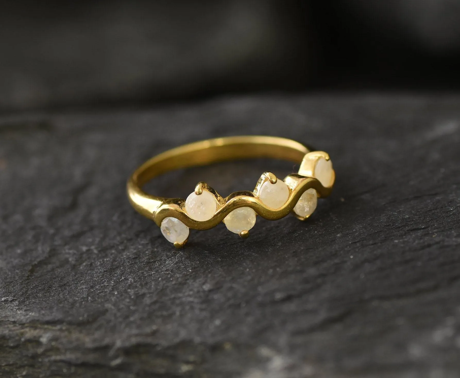 Gold Moonstone Ring - Half Eternity Gold Band - Zigzag Band
