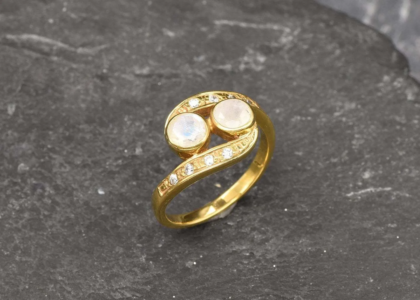 Gold Moonstone Ring - Natural Rainbow Moonstone Ring  - June Birthstone Ring