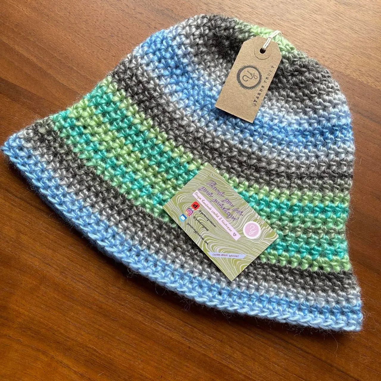 Handmade crochet bucket hat in Ocean shades