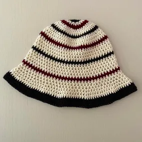 Handmade striped cotton crochet bucket hat in cream, black and burgundy