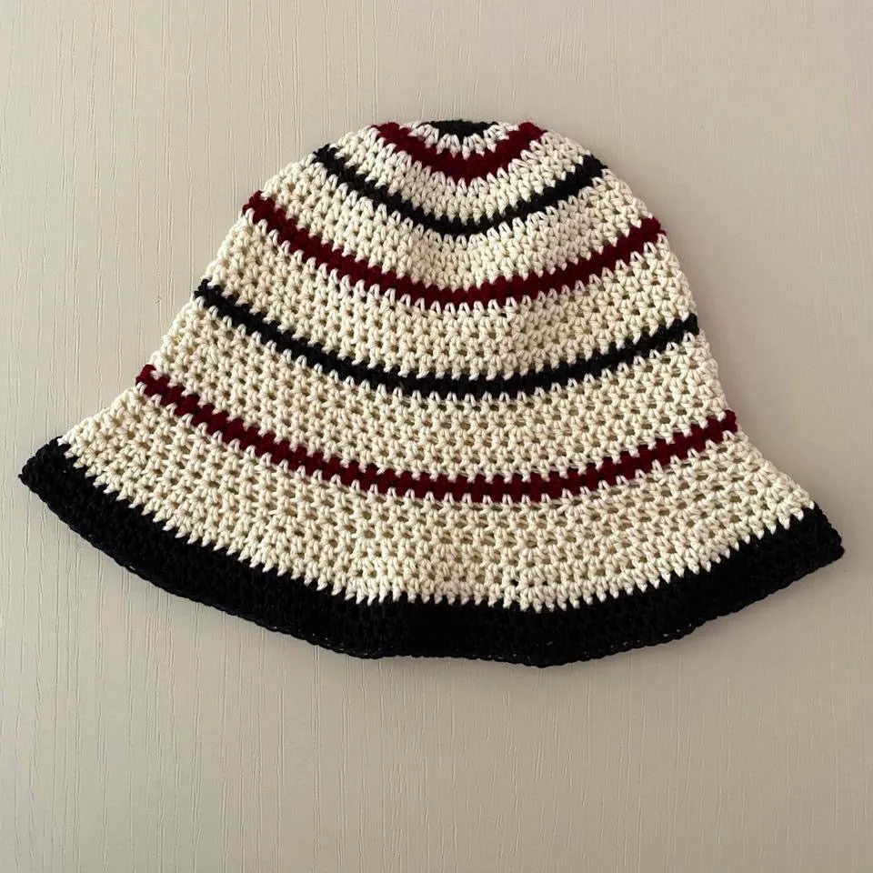 Handmade striped cotton crochet bucket hat in cream, black and burgundy