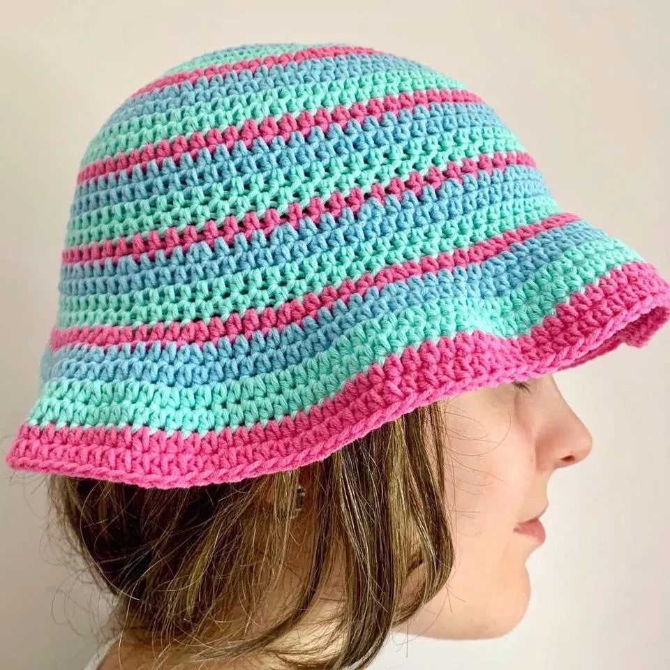 Handmade striped cotton crochet bucket hat in cream, black and burgundy