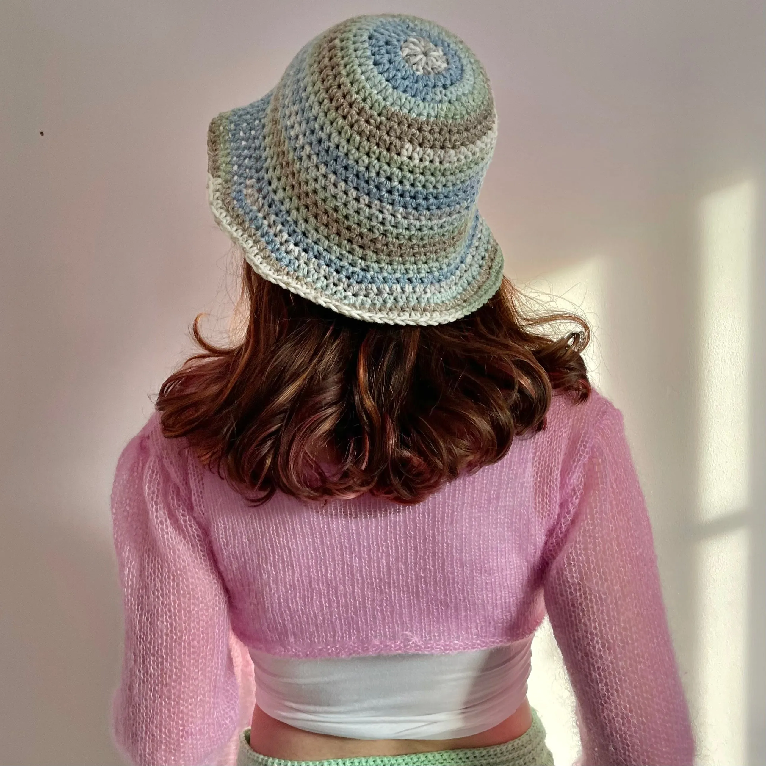 Handmade striped crochet bucket hat in Beach shades