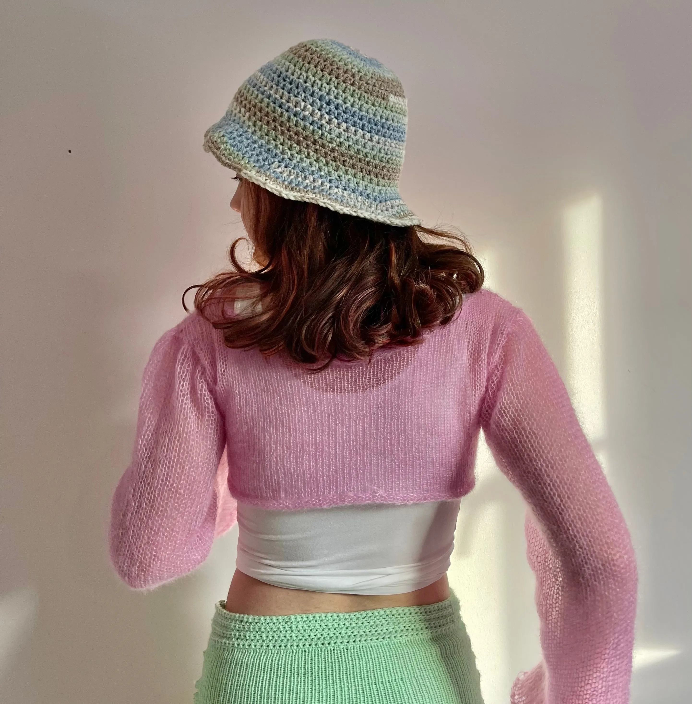 Handmade striped crochet bucket hat in Beach shades