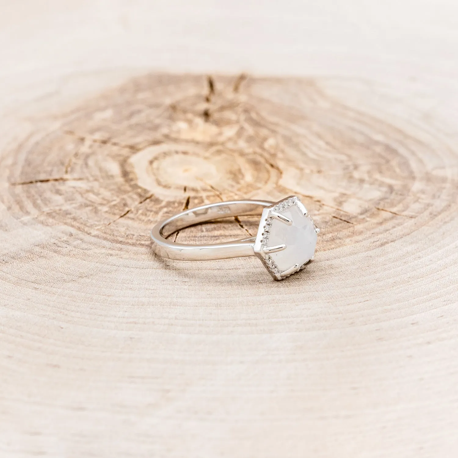 HEXAGON MOONSTONE ENGAGEMENT RING WITH DIAMOND HALO