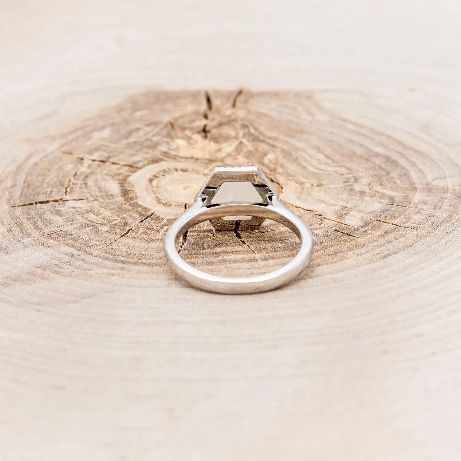 HEXAGON MOONSTONE ENGAGEMENT RING WITH DIAMOND HALO