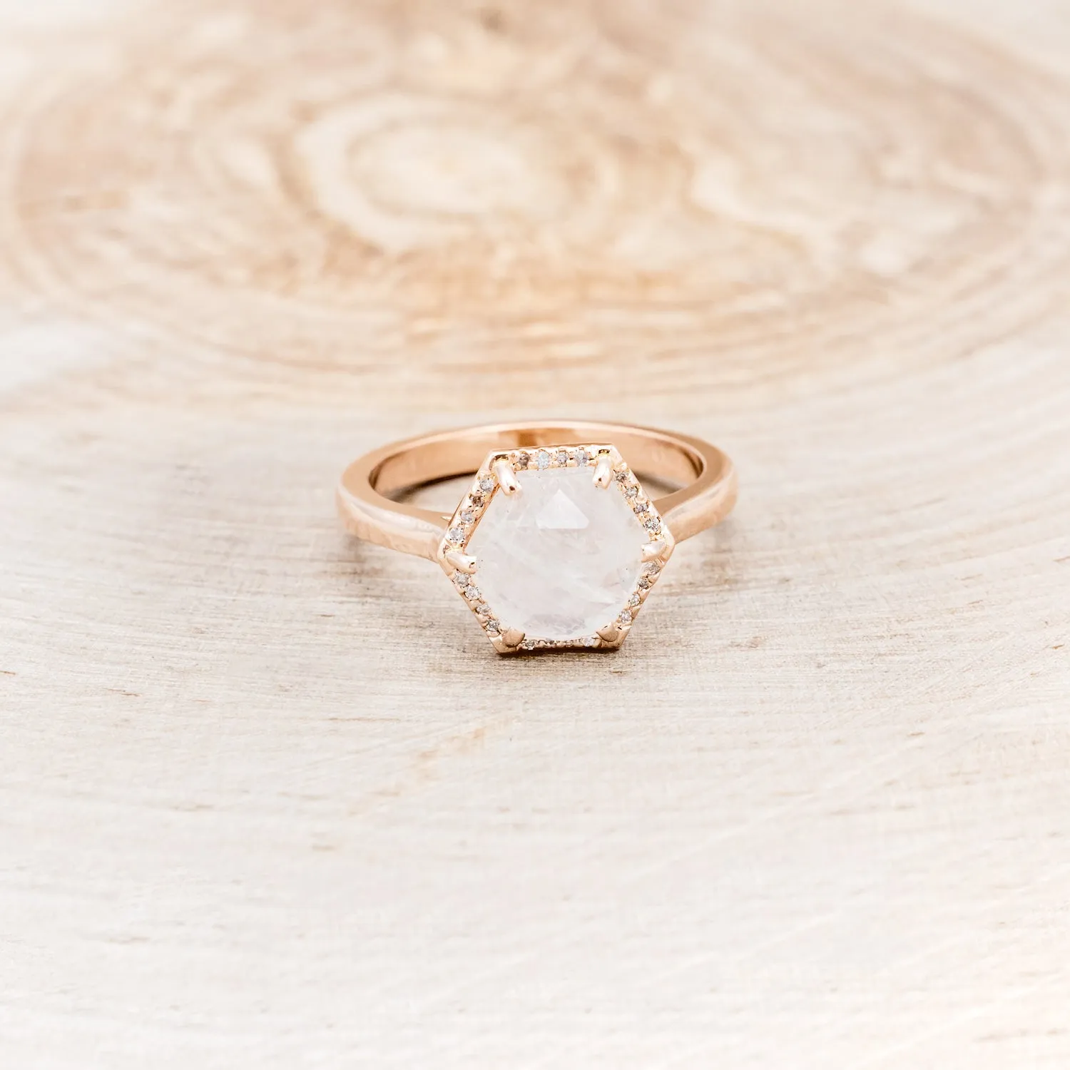 HEXAGON MOONSTONE ENGAGEMENT RING WITH DIAMOND HALO